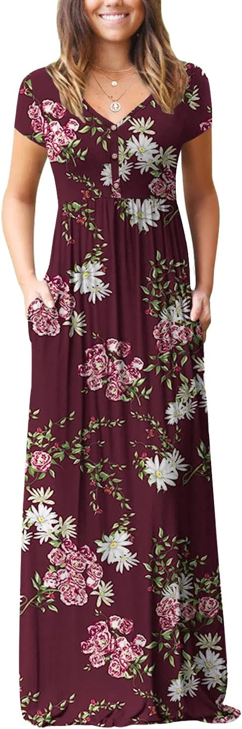 GRECERELLE Womens Long Maxi Dresses 2025 Short Sleeve V Neck Casual Summer Button Dress with Pockets