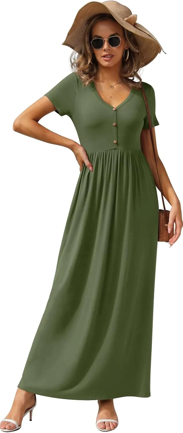 GRECERELLE Womens Long Maxi Dresses 2025 Short Sleeve V Neck Casual Summer Button Dress with Pockets