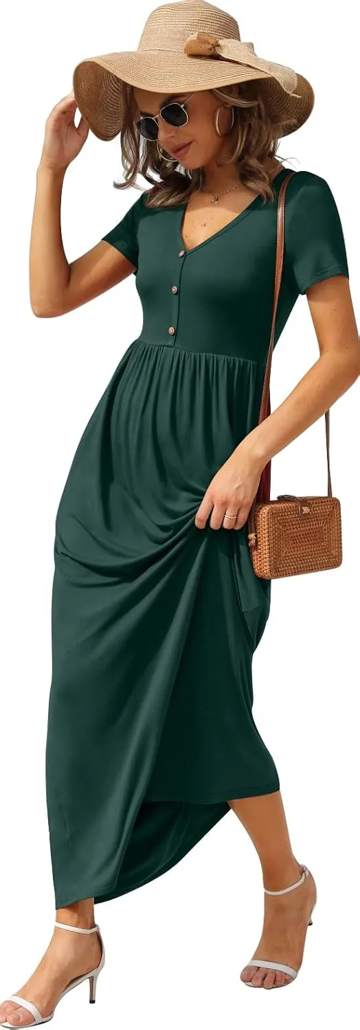 GRECERELLE Womens Long Maxi Dresses 2025 Short Sleeve V Neck Casual Summer Button Dress with Pockets