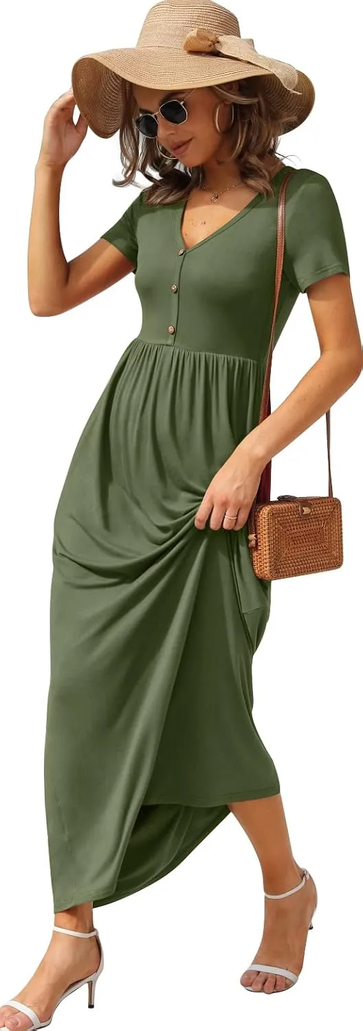 GRECERELLE Womens Long Maxi Dresses 2025 Short Sleeve V Neck Casual Summer Button Dress with Pockets