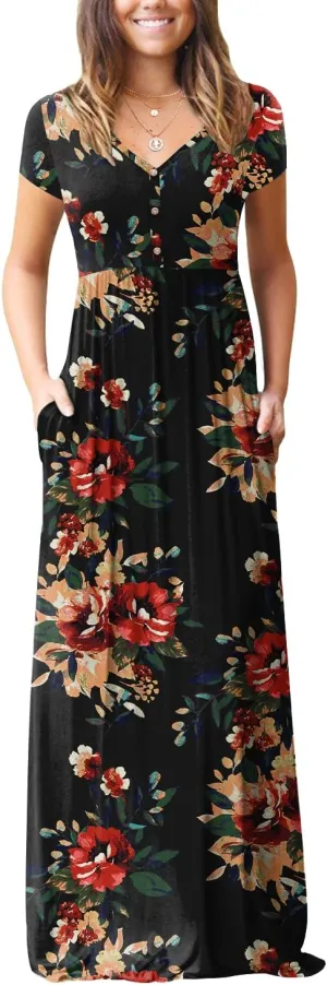 GRECERELLE Womens Long Maxi Dresses 2025 Short Sleeve V Neck Casual Summer Button Dress with Pockets