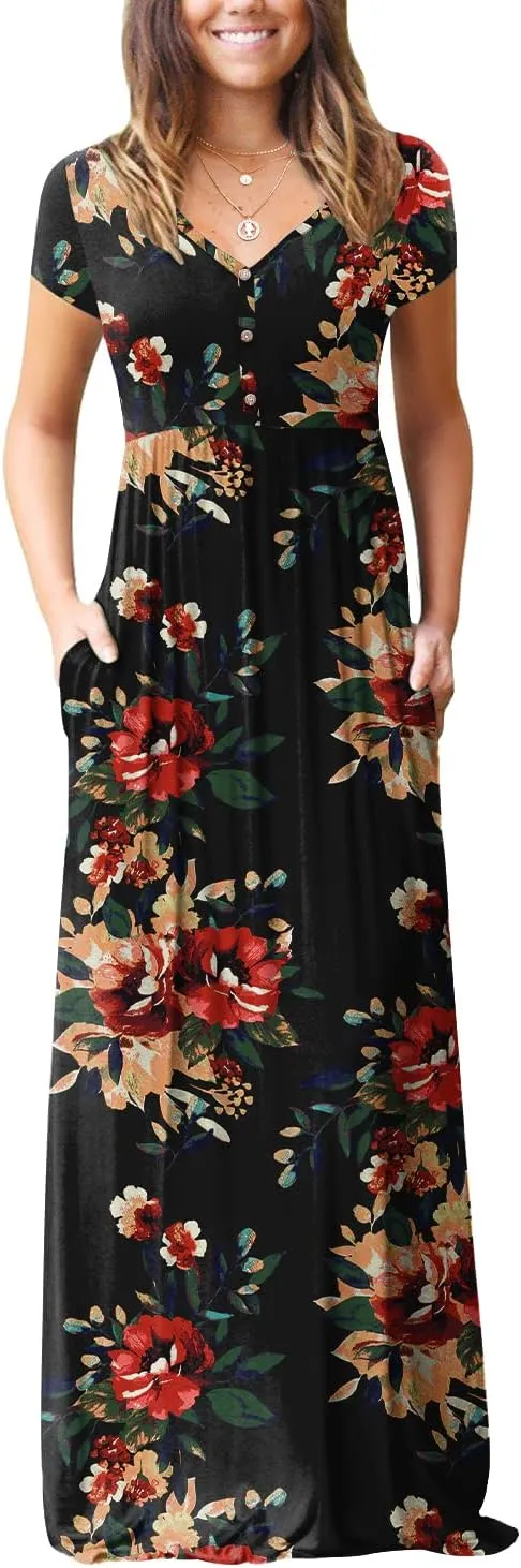GRECERELLE Womens Long Maxi Dresses 2025 Short Sleeve V Neck Casual Summer Button Dress with Pockets
