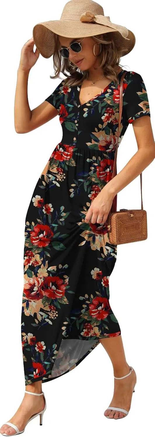 GRECERELLE Womens Long Maxi Dresses 2025 Short Sleeve V Neck Casual Summer Button Dress with Pockets