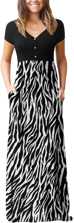 GRECERELLE Womens Long Maxi Dresses 2025 Short Sleeve V Neck Casual Summer Button Dress with Pockets