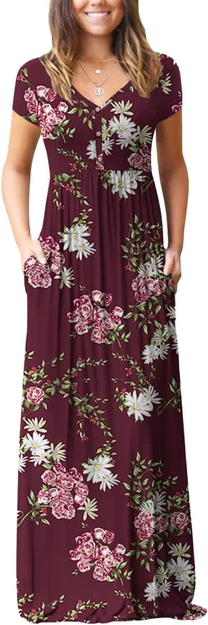 GRECERELLE Womens Long Maxi Dresses 2025 Short Sleeve V Neck Casual Summer Button Dress with Pockets