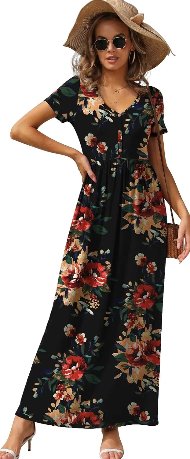 GRECERELLE Womens Long Maxi Dresses 2025 Short Sleeve V Neck Casual Summer Button Dress with Pockets
