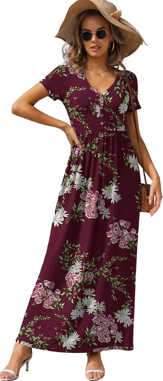 GRECERELLE Womens Long Maxi Dresses 2025 Short Sleeve V Neck Casual Summer Button Dress with Pockets