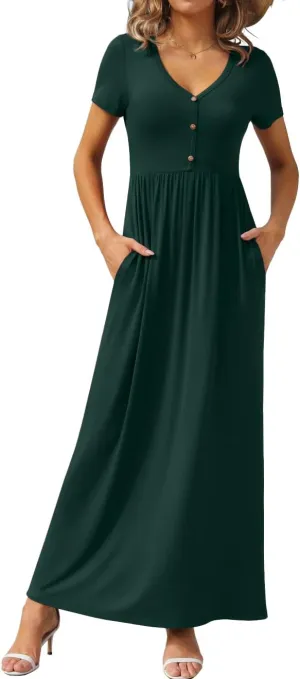GRECERELLE Womens Long Maxi Dresses 2025 Short Sleeve V Neck Casual Summer Button Dress with Pockets