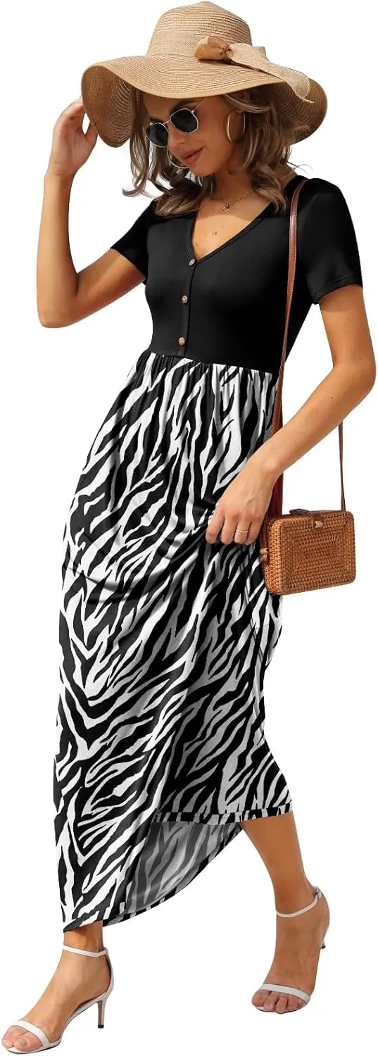 GRECERELLE Womens Long Maxi Dresses 2025 Short Sleeve V Neck Casual Summer Button Dress with Pockets