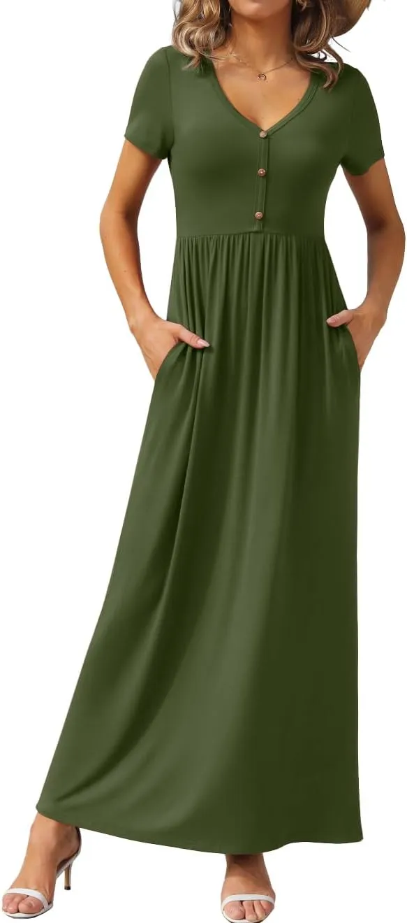 GRECERELLE Womens Long Maxi Dresses 2025 Short Sleeve V Neck Casual Summer Button Dress with Pockets
