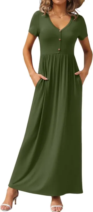 GRECERELLE Womens Long Maxi Dresses 2025 Short Sleeve V Neck Casual Summer Button Dress with Pockets