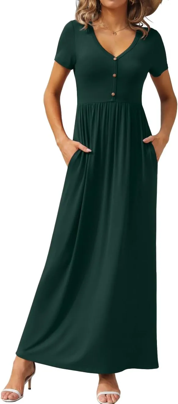 GRECERELLE Womens Long Maxi Dresses 2025 Short Sleeve V Neck Casual Summer Button Dress with Pockets