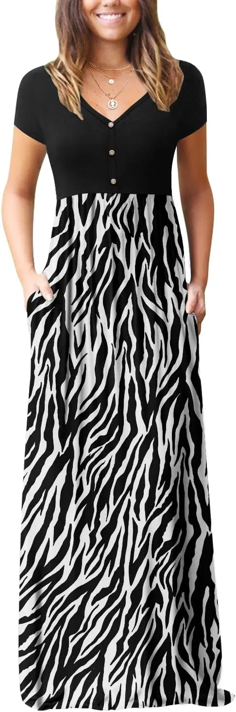 GRECERELLE Womens Long Maxi Dresses 2025 Short Sleeve V Neck Casual Summer Button Dress with Pockets