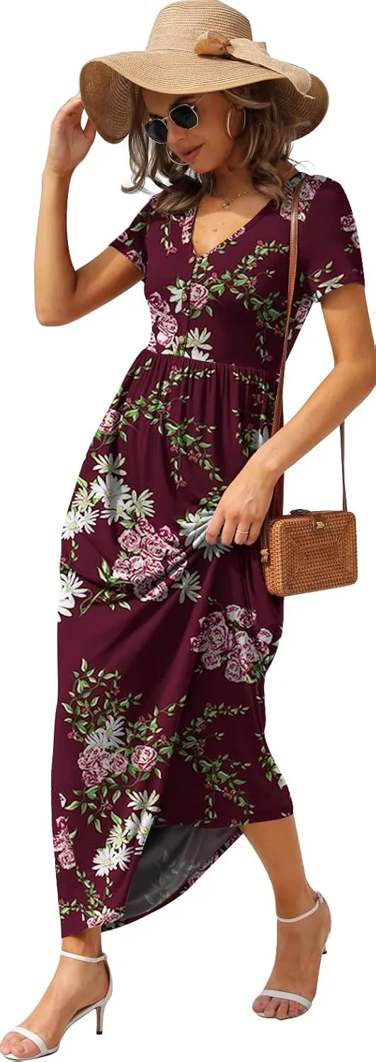 GRECERELLE Womens Long Maxi Dresses 2025 Short Sleeve V Neck Casual Summer Button Dress with Pockets