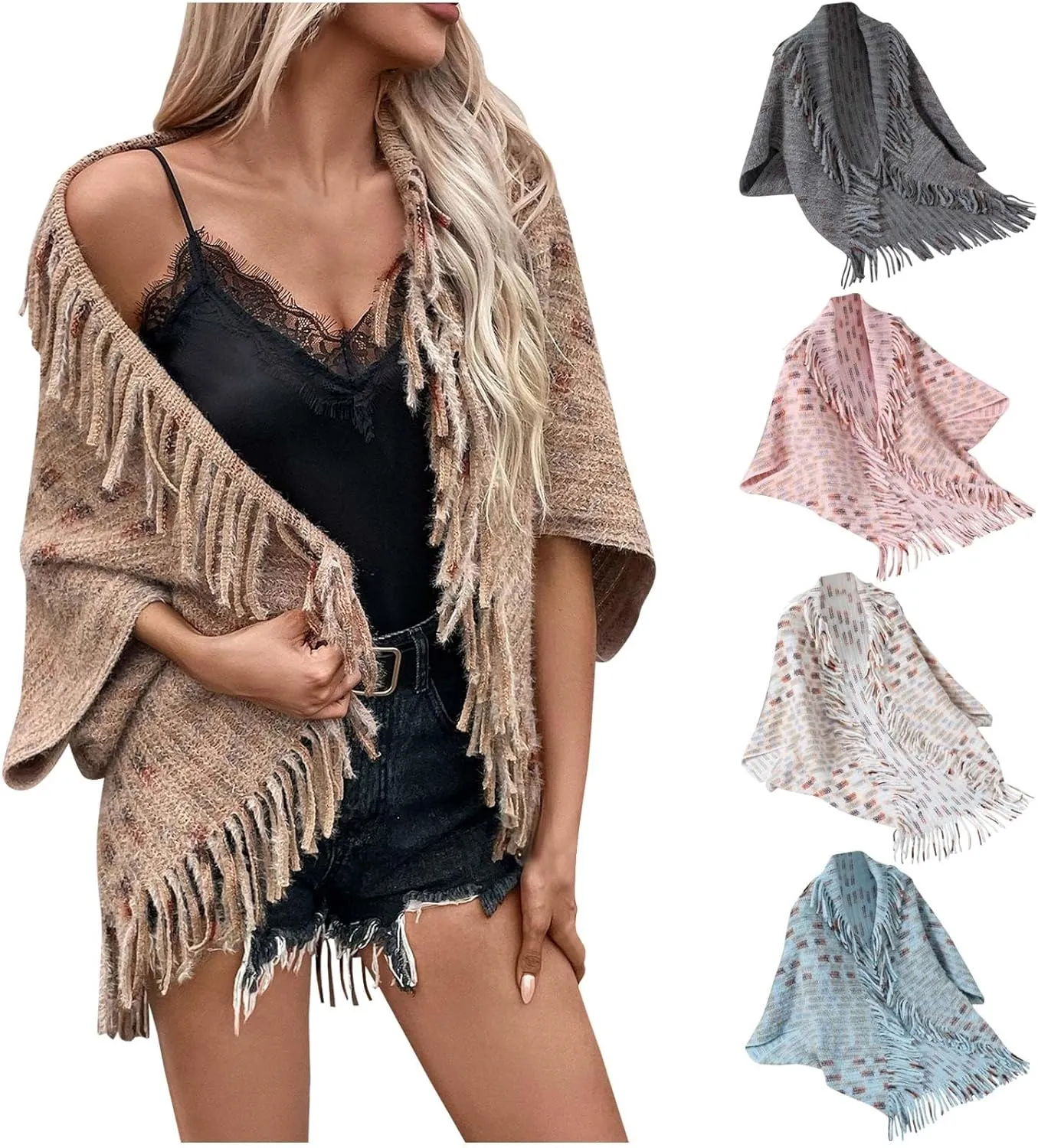 HGps8w Women's Tassels Knitted Shawl Wrap - Retro Ethnic Open Front Poncho Cape Elegant Wrap Cardigans Sweater Shawls