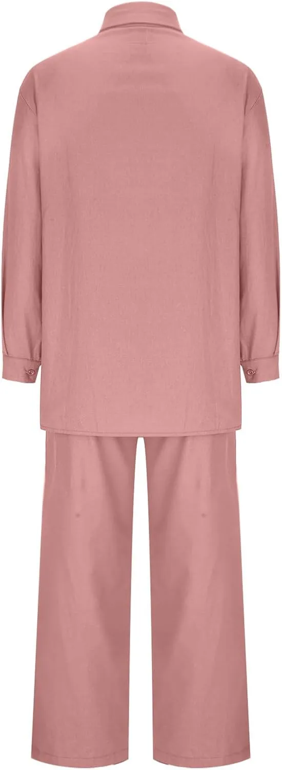 hlysgo Cotton Linen 2 Piece Outfits for Women Casual Loose Fit Long Sleeve Button Down Shirts and Pants Plus Size Set