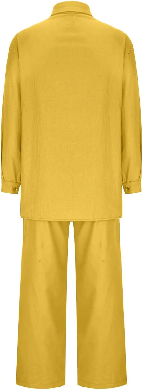 hlysgo Cotton Linen 2 Piece Outfits for Women Casual Loose Fit Long Sleeve Button Down Shirts and Pants Plus Size Set