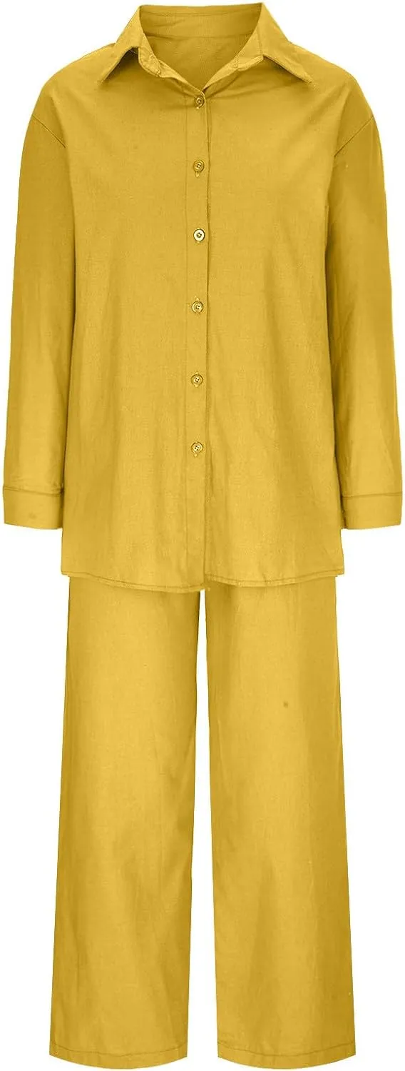 hlysgo Cotton Linen 2 Piece Outfits for Women Casual Loose Fit Long Sleeve Button Down Shirts and Pants Plus Size Set