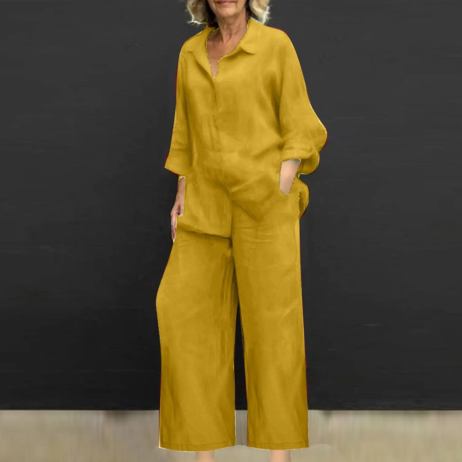 hlysgo Cotton Linen 2 Piece Outfits for Women Casual Loose Fit Long Sleeve Button Down Shirts and Pants Plus Size Set