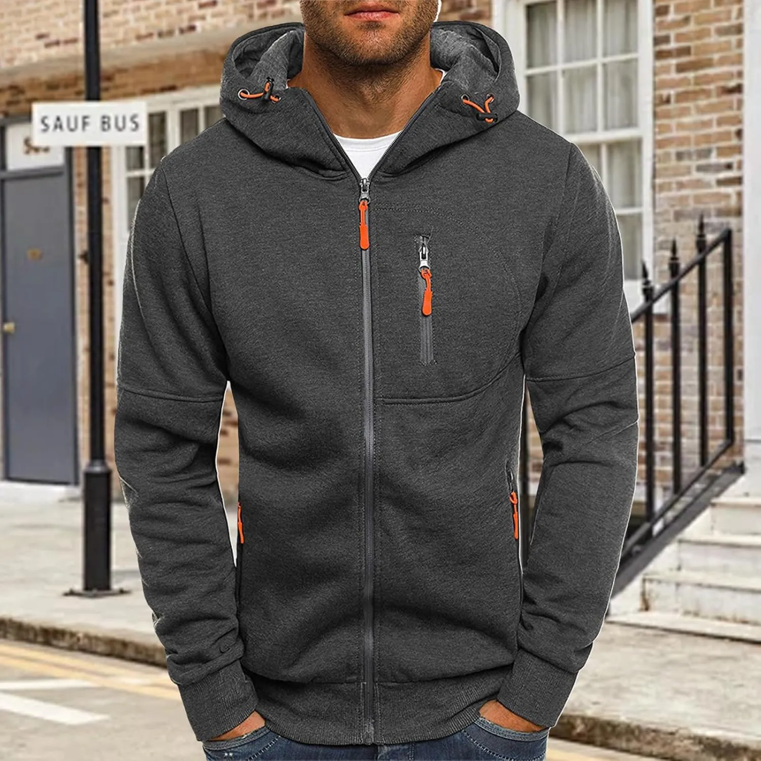 Hoodies for Men Full Zip Long Sleeve Sweatshirt Basic Casual Sweatshirts Sports Hooded Jacket Coat with Zip Pockets