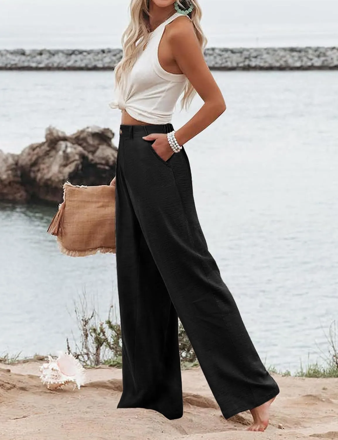 Hooever Womens Cotton Linen Pants Casual Button Up High Waisted Wide Leg Trousers