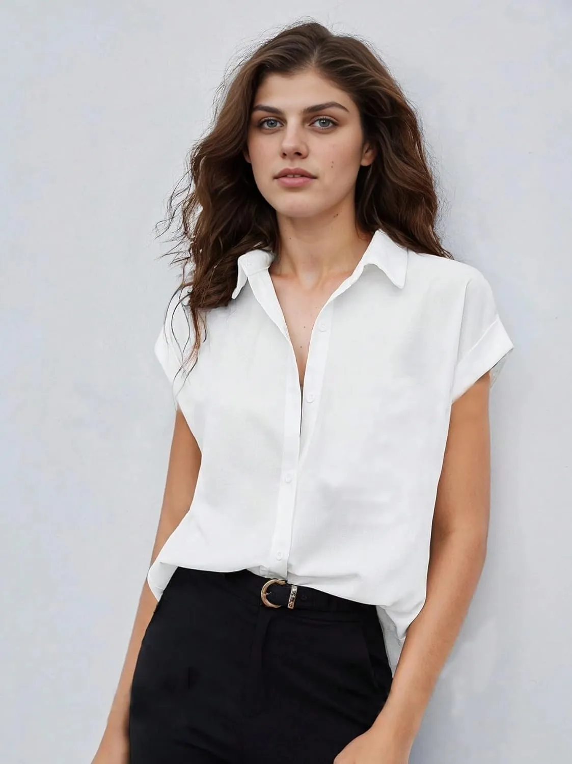HOTOUCH Womens Linen Button Down Shirt Casual V Neck Cap Sleeve Blouses Summer Cotton Collared Tops S-3XL