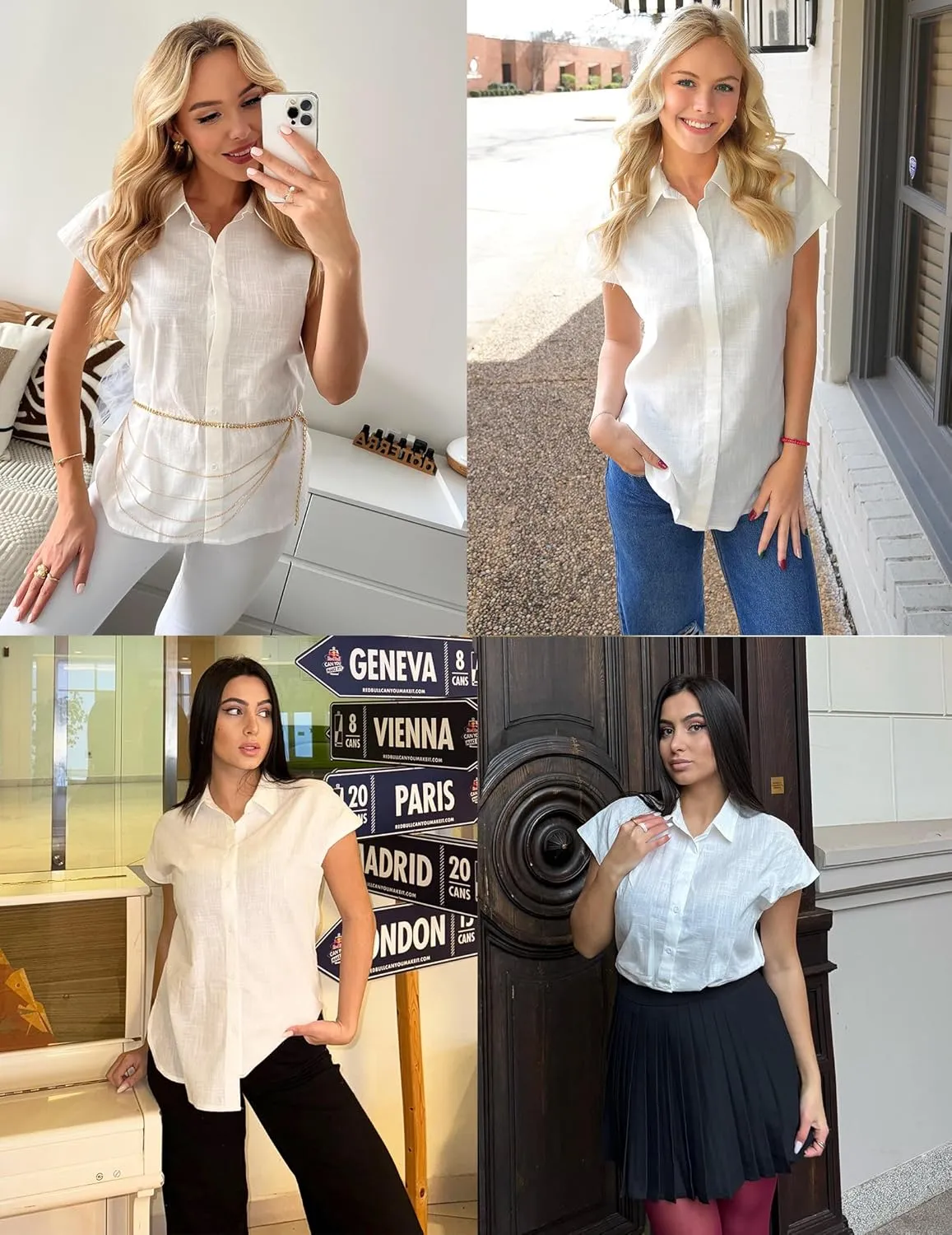 HOTOUCH Womens Linen Button Down Shirt Casual V Neck Cap Sleeve Blouses Summer Cotton Collared Tops S-3XL