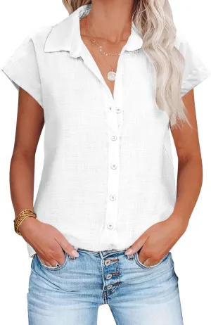 HOTOUCH Womens Linen Button Down Shirt Casual V Neck Cap Sleeve Blouses Summer Cotton Collared Tops S-3XL