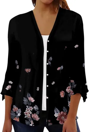 Kimono Cardigans for Women 3/4 Sleeve Button Down Cardigans Floral Printed Casual Loose Open Front Cardigan