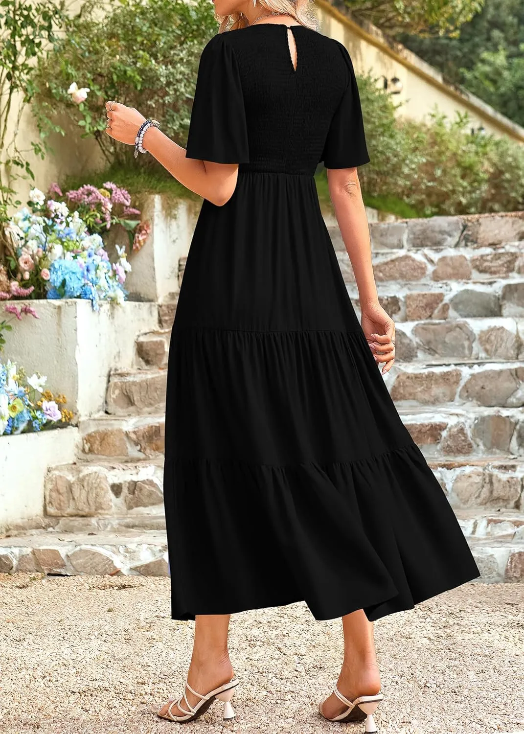 KIRUNDO Womens Fashion 2025 Spring Summer Casual Flutter Short Sleeve Midi Dress Smocked Tiered Aline Going Out Dresses