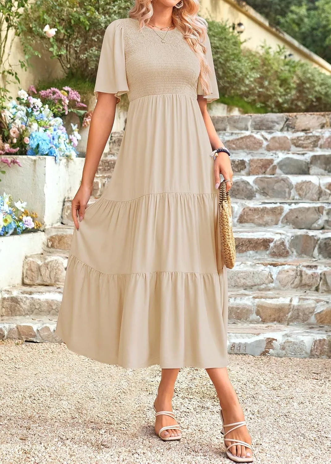 KIRUNDO Womens Fashion 2025 Spring Summer Casual Flutter Short Sleeve Midi Dress Smocked Tiered Aline Going Out Dresses