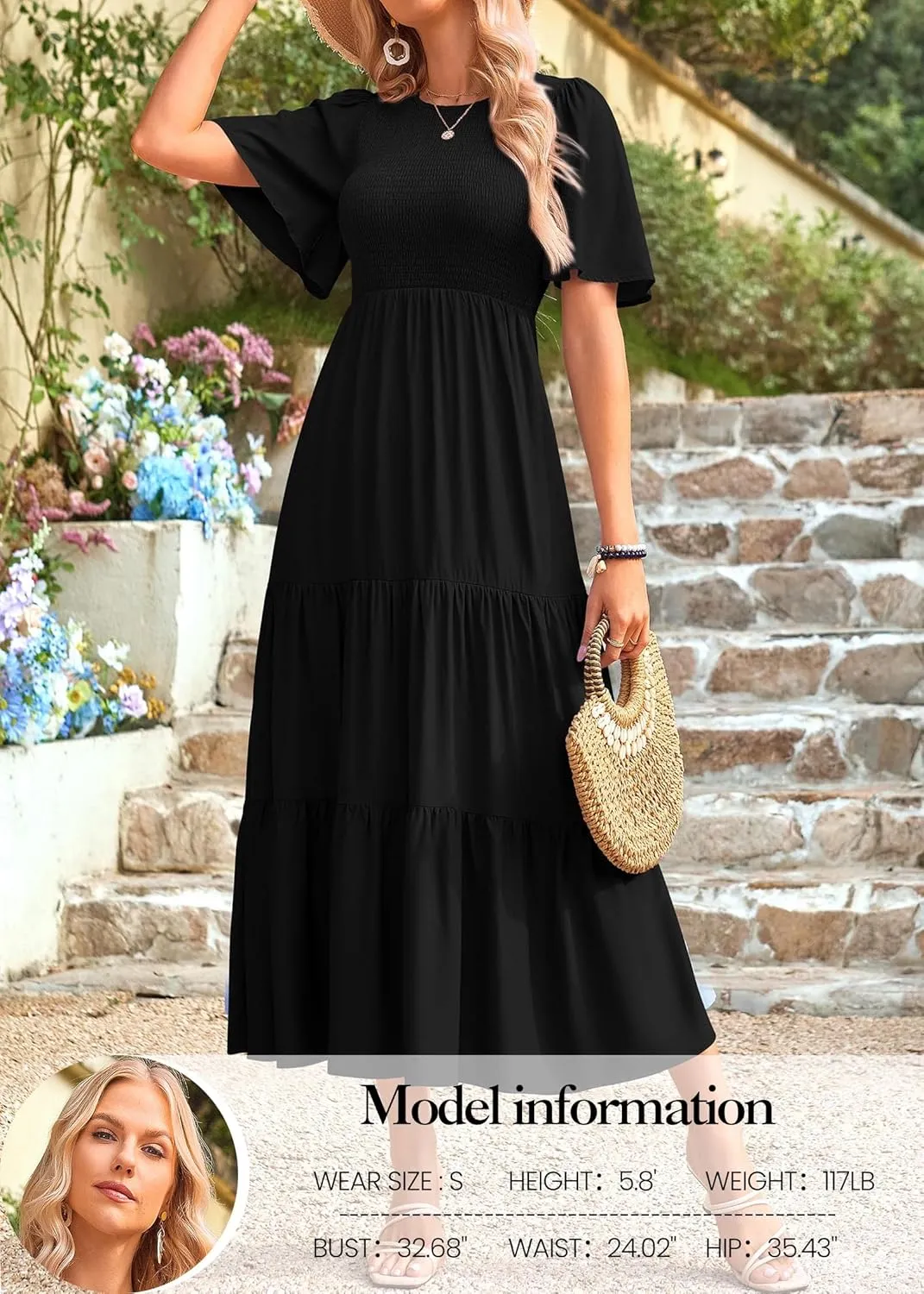 KIRUNDO Womens Fashion 2025 Spring Summer Casual Flutter Short Sleeve Midi Dress Smocked Tiered Aline Going Out Dresses