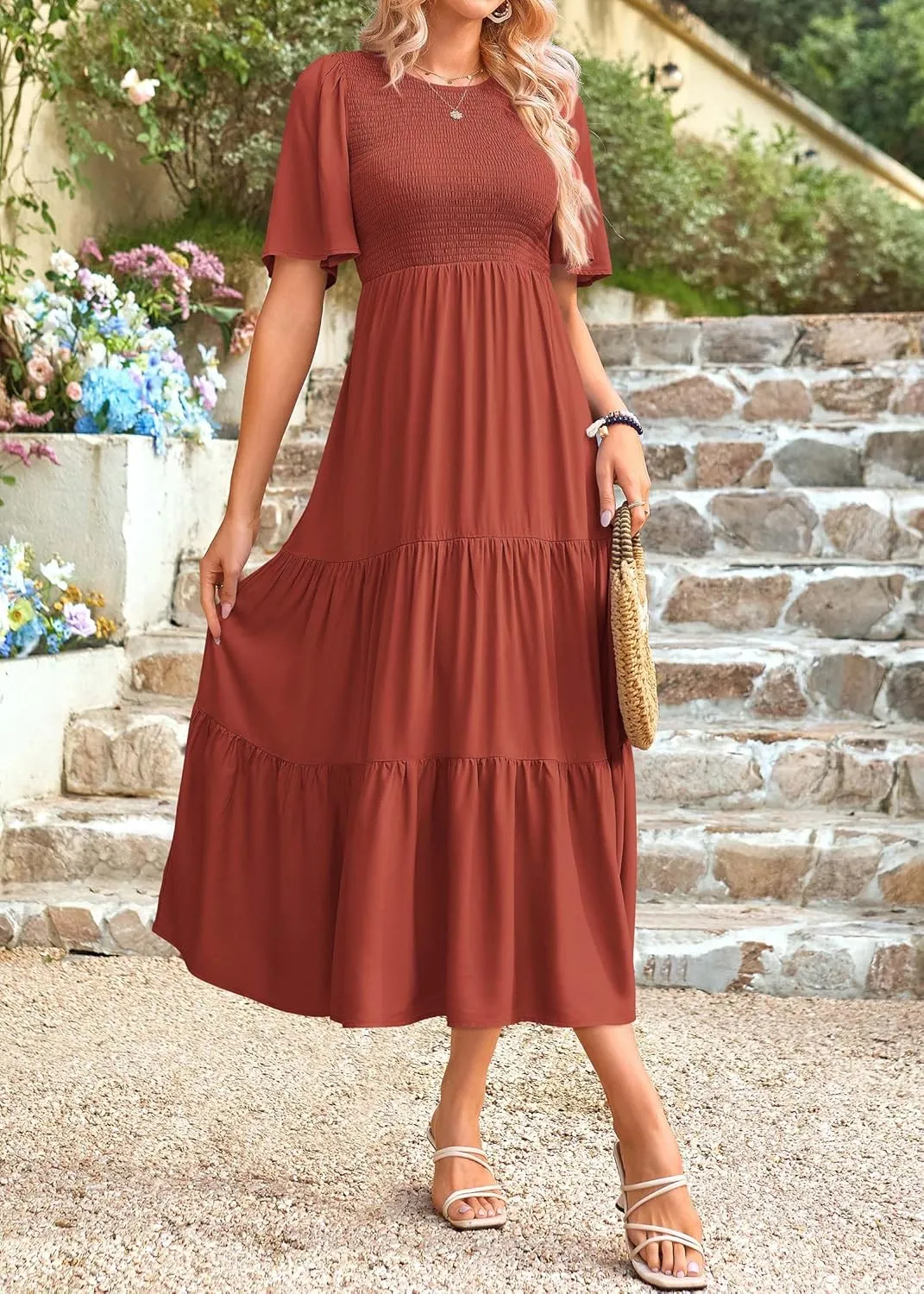 KIRUNDO Womens Fashion 2025 Spring Summer Casual Flutter Short Sleeve Midi Dress Smocked Tiered Aline Going Out Dresses