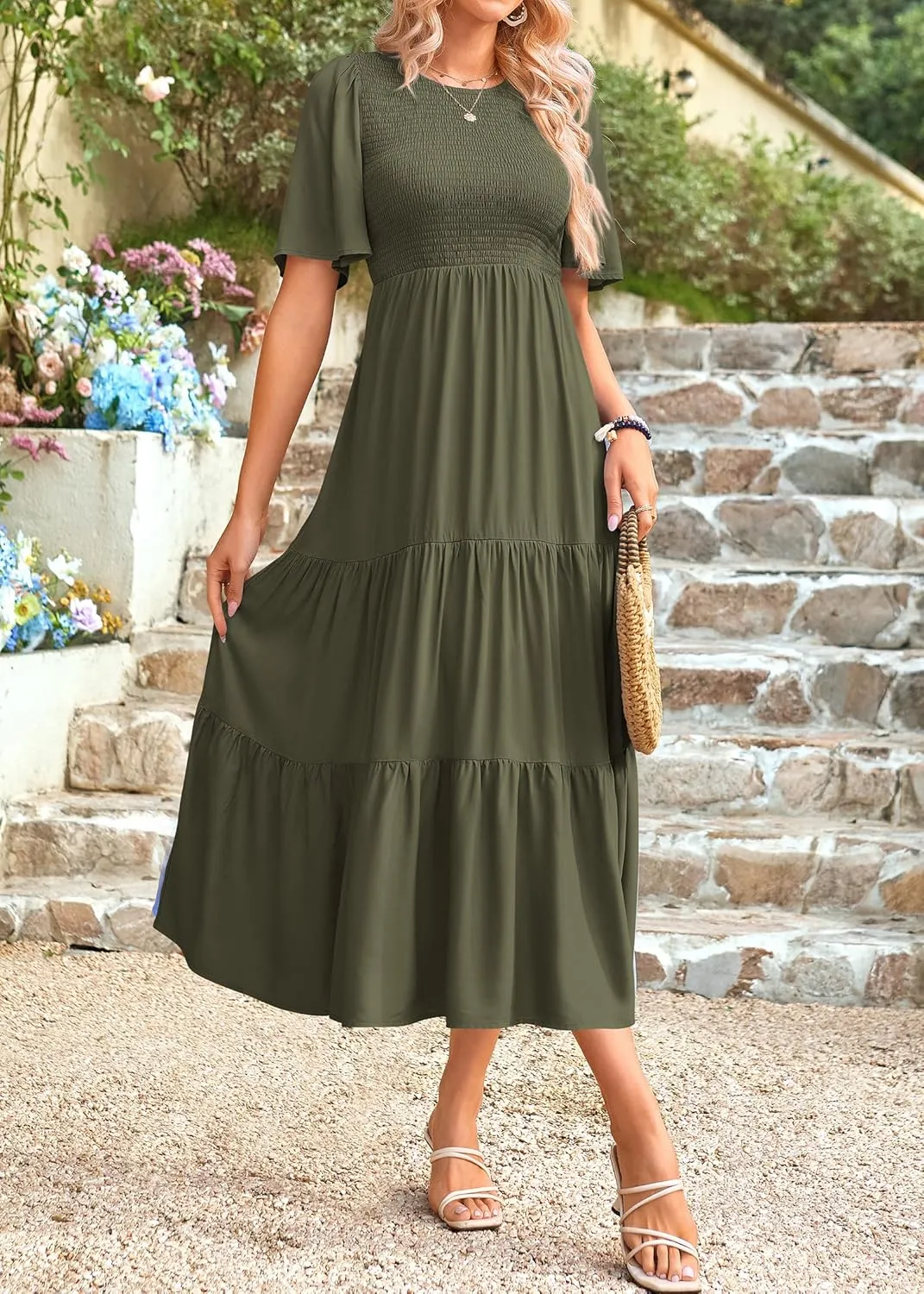 KIRUNDO Womens Fashion 2025 Spring Summer Casual Flutter Short Sleeve Midi Dress Smocked Tiered Aline Going Out Dresses