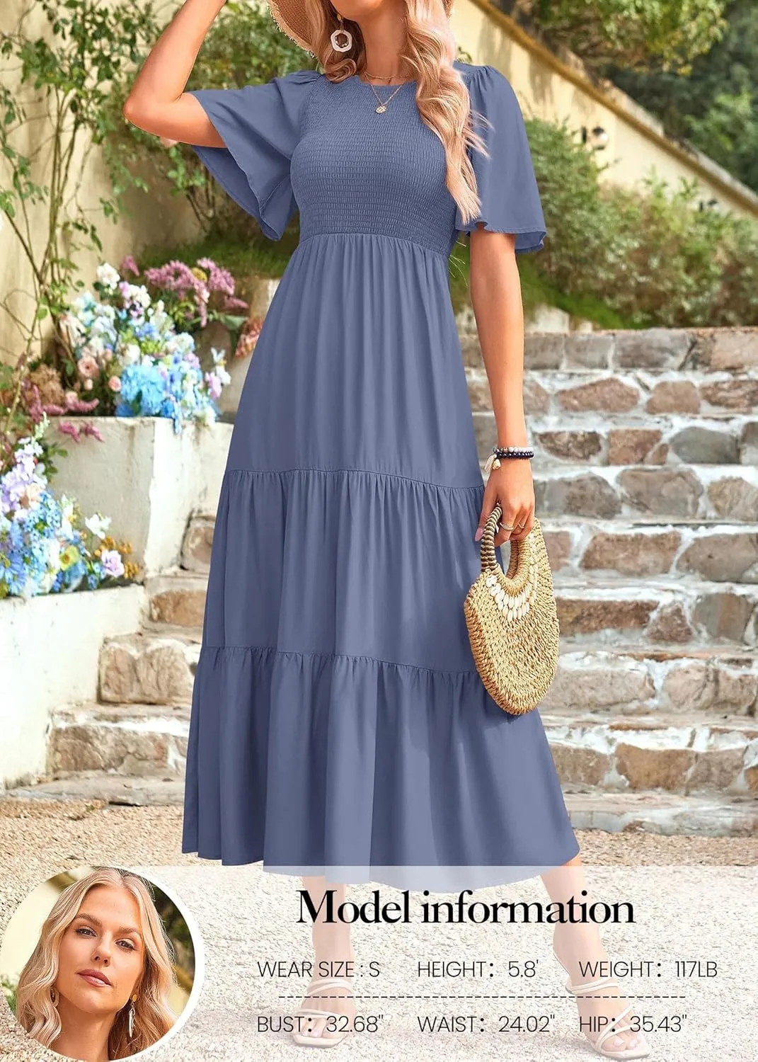 KIRUNDO Womens Fashion 2025 Spring Summer Casual Flutter Short Sleeve Midi Dress Smocked Tiered Aline Going Out Dresses