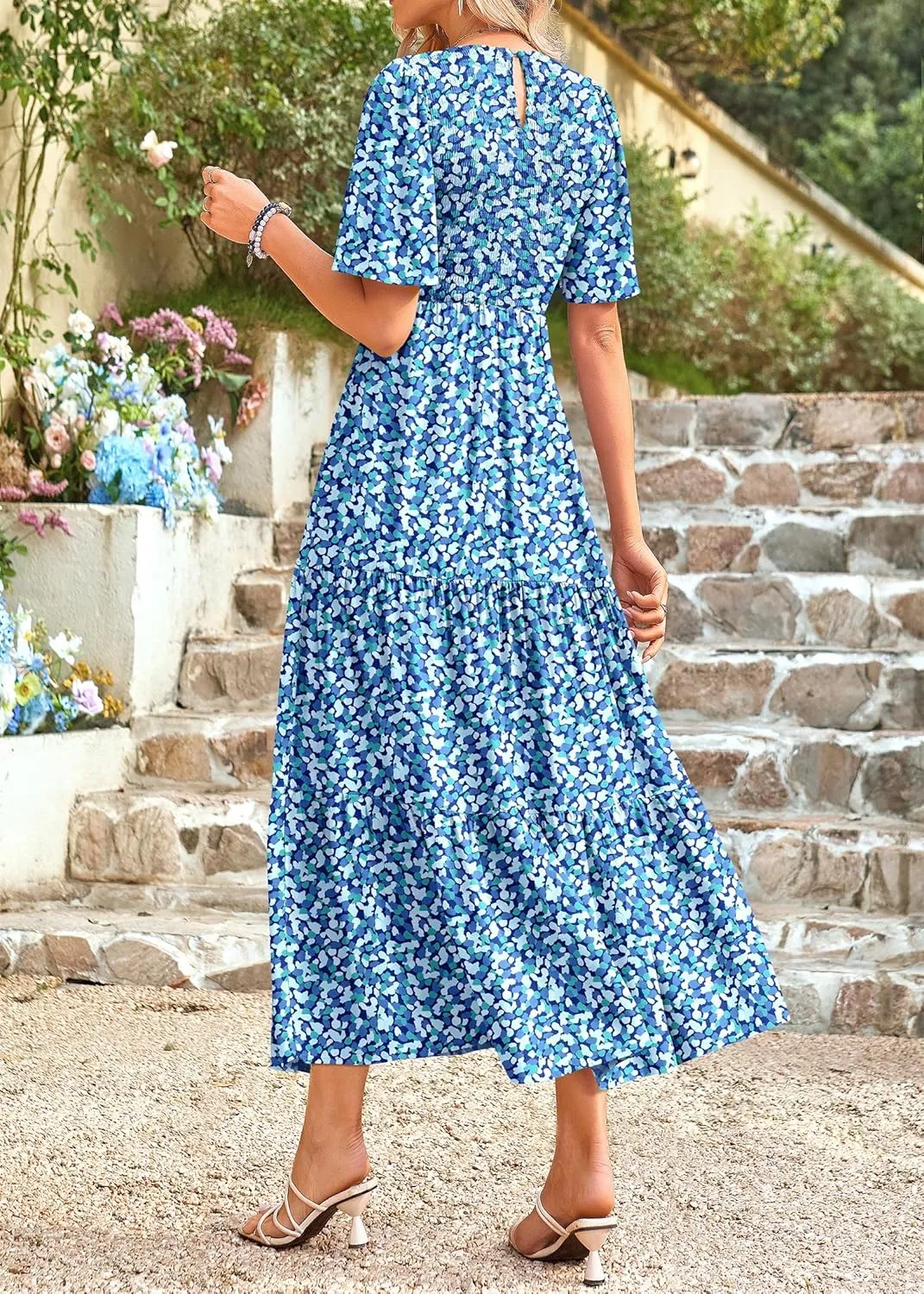 KIRUNDO Womens Fashion 2025 Spring Summer Casual Flutter Short Sleeve Midi Dress Smocked Tiered Aline Going Out Dresses