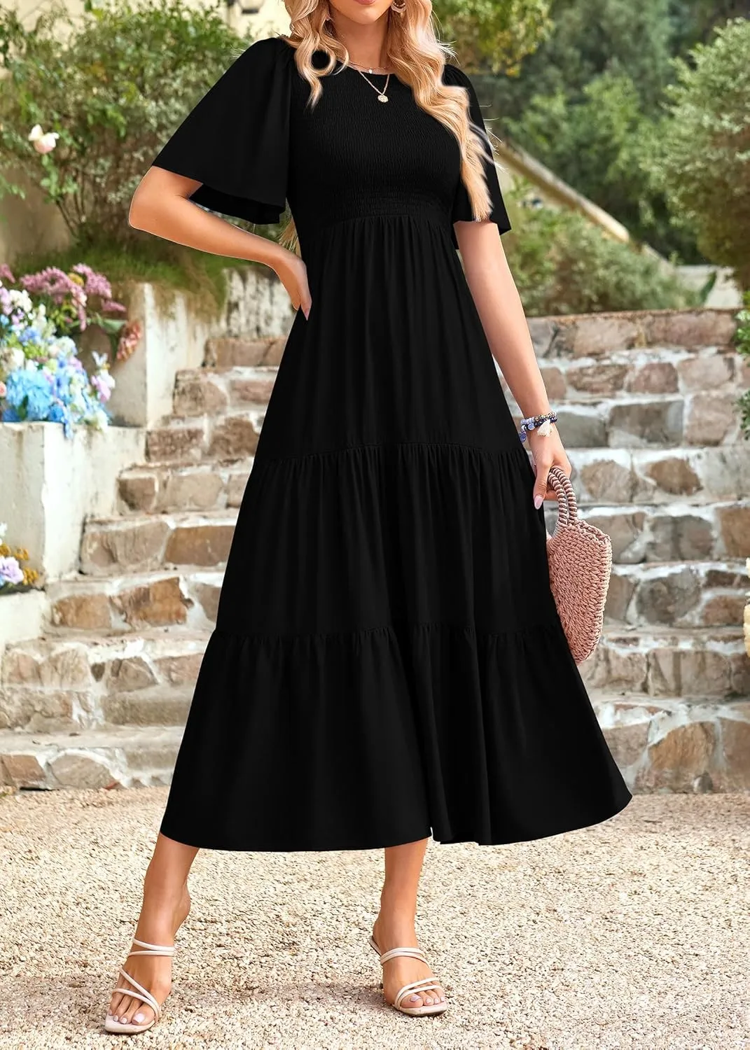 KIRUNDO Womens Fashion 2025 Spring Summer Casual Flutter Short Sleeve Midi Dress Smocked Tiered Aline Going Out Dresses