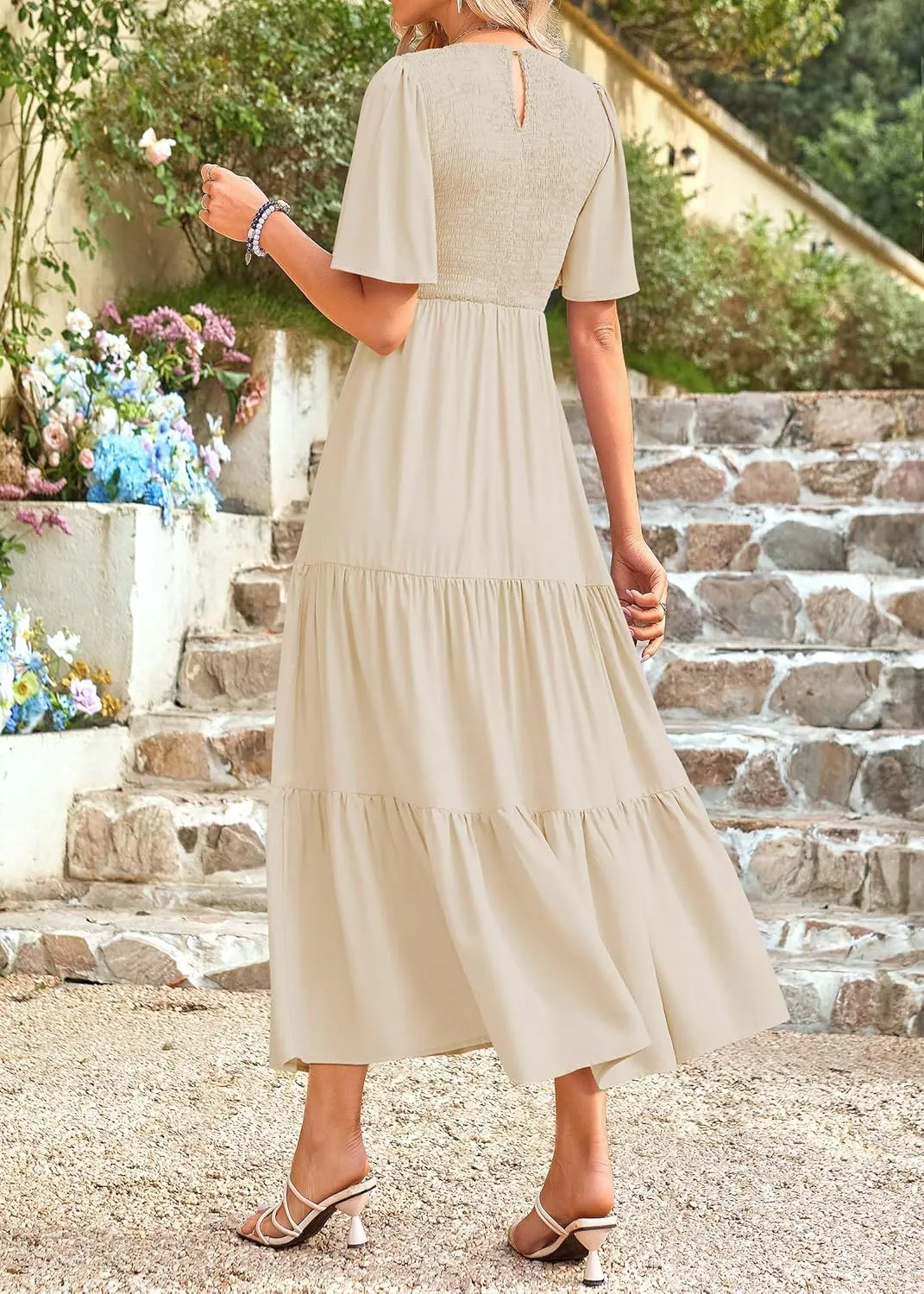 KIRUNDO Womens Fashion 2025 Spring Summer Casual Flutter Short Sleeve Midi Dress Smocked Tiered Aline Going Out Dresses