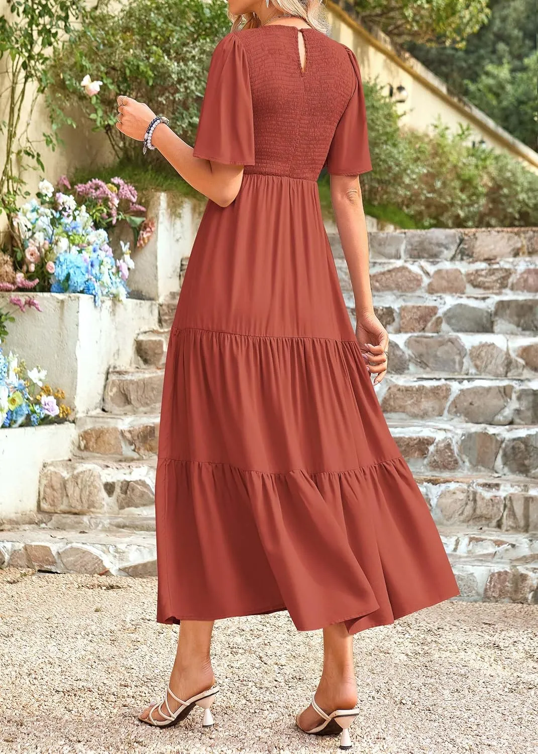KIRUNDO Womens Fashion 2025 Spring Summer Casual Flutter Short Sleeve Midi Dress Smocked Tiered Aline Going Out Dresses