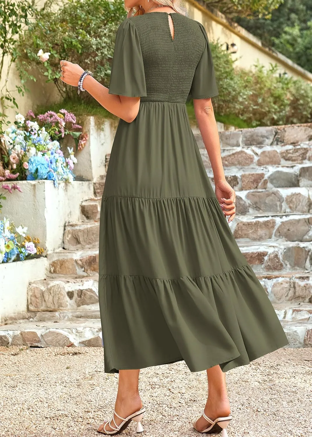 KIRUNDO Womens Fashion 2025 Spring Summer Casual Flutter Short Sleeve Midi Dress Smocked Tiered Aline Going Out Dresses