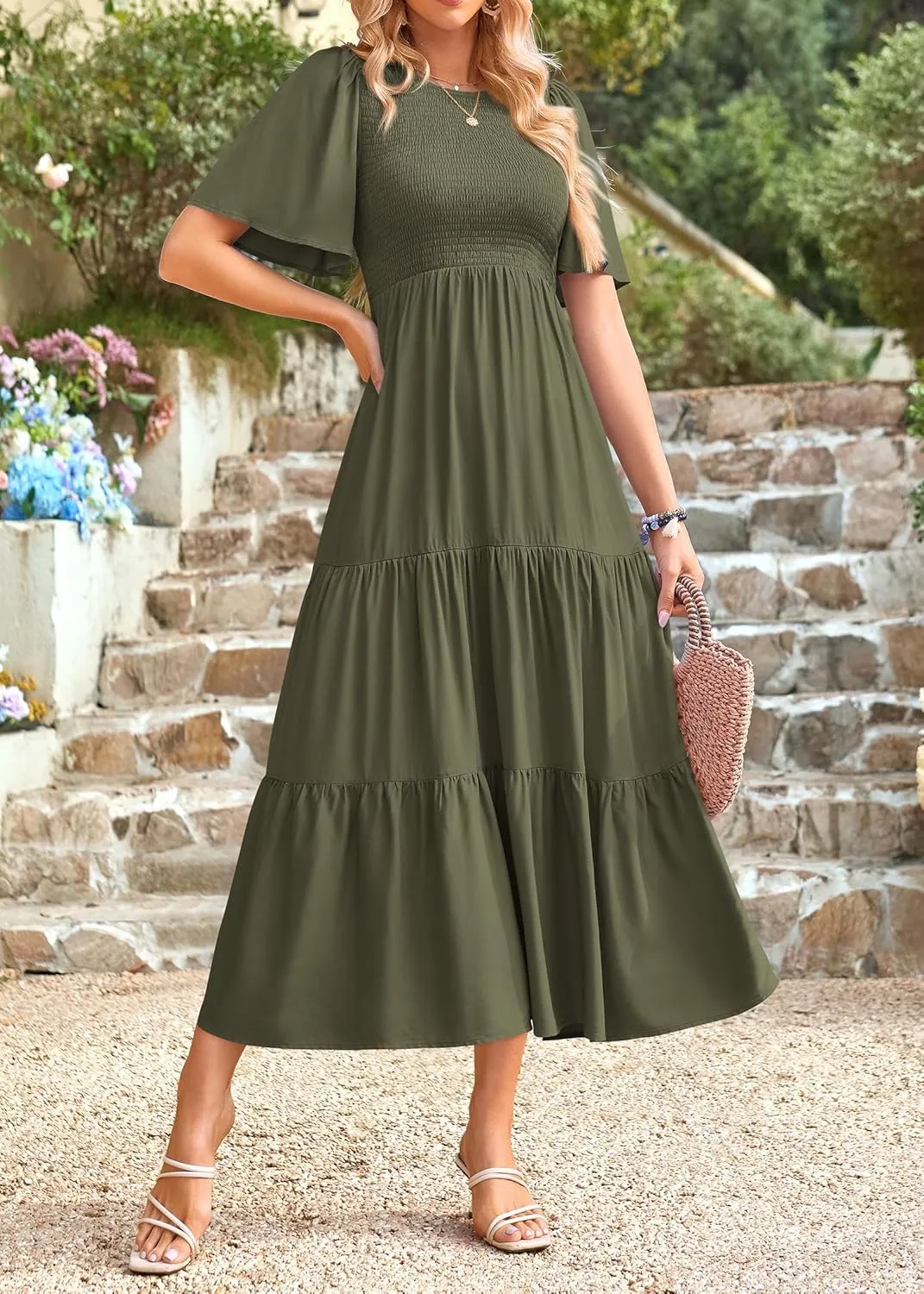 KIRUNDO Womens Fashion 2025 Spring Summer Casual Flutter Short Sleeve Midi Dress Smocked Tiered Aline Going Out Dresses