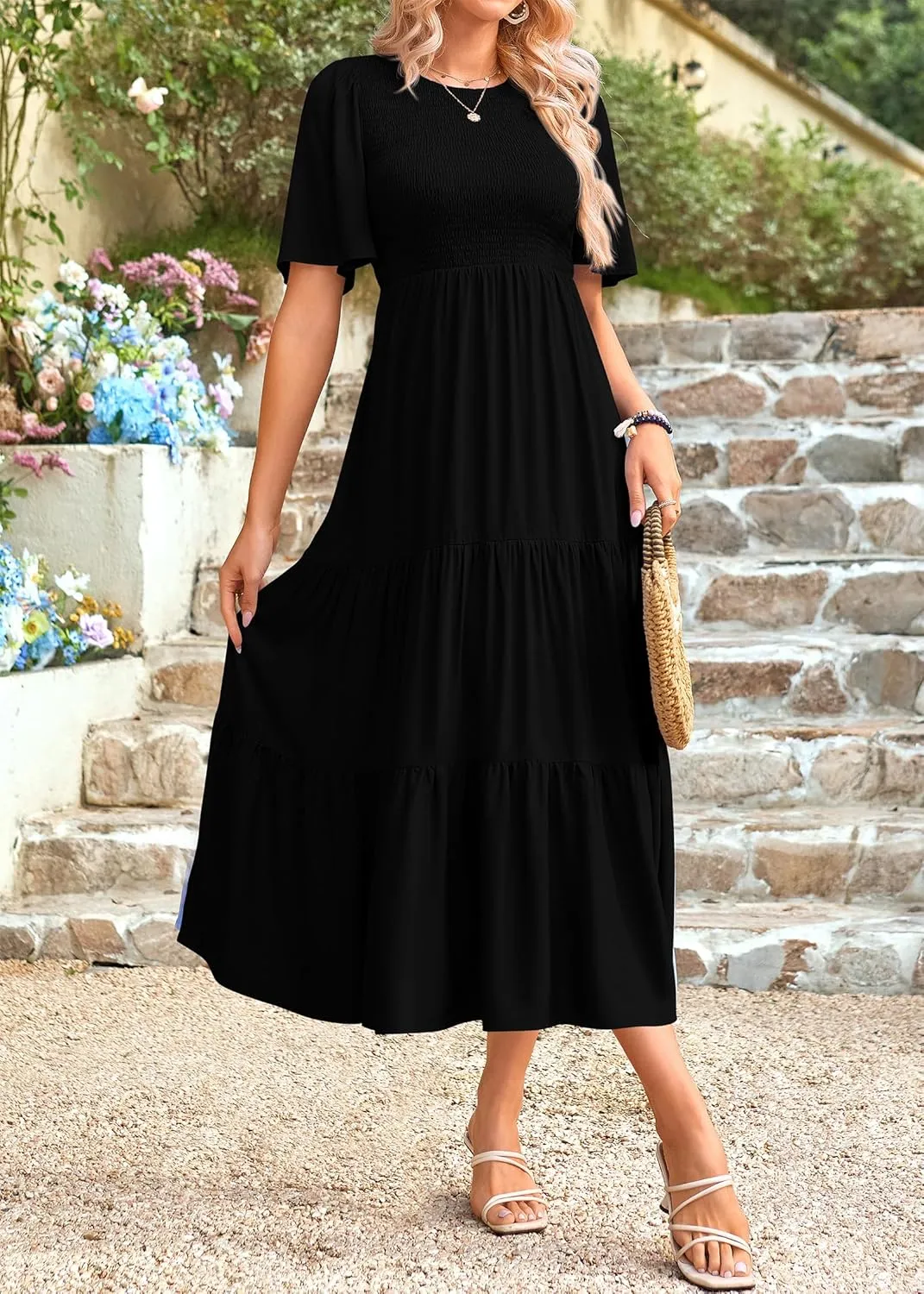 KIRUNDO Womens Fashion 2025 Spring Summer Casual Flutter Short Sleeve Midi Dress Smocked Tiered Aline Going Out Dresses