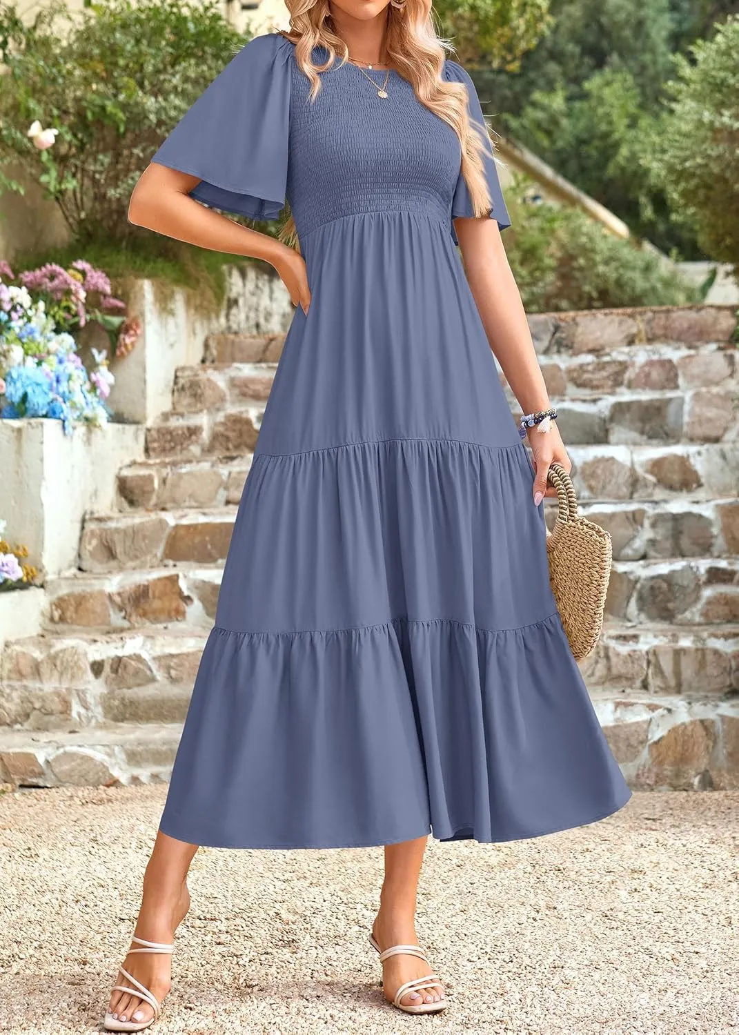 KIRUNDO Womens Fashion 2025 Spring Summer Casual Flutter Short Sleeve Midi Dress Smocked Tiered Aline Going Out Dresses