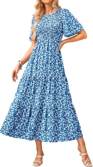 KIRUNDO Womens Fashion 2025 Spring Summer Casual Flutter Short Sleeve Midi Dress Smocked Tiered Aline Going Out Dresses