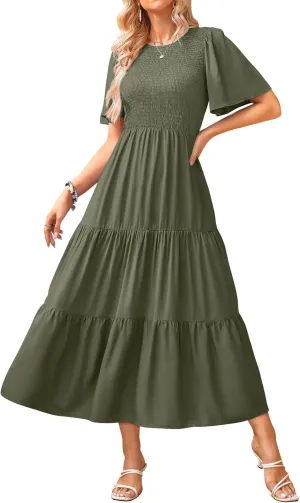 KIRUNDO Womens Fashion 2025 Spring Summer Casual Flutter Short Sleeve Midi Dress Smocked Tiered Aline Going Out Dresses