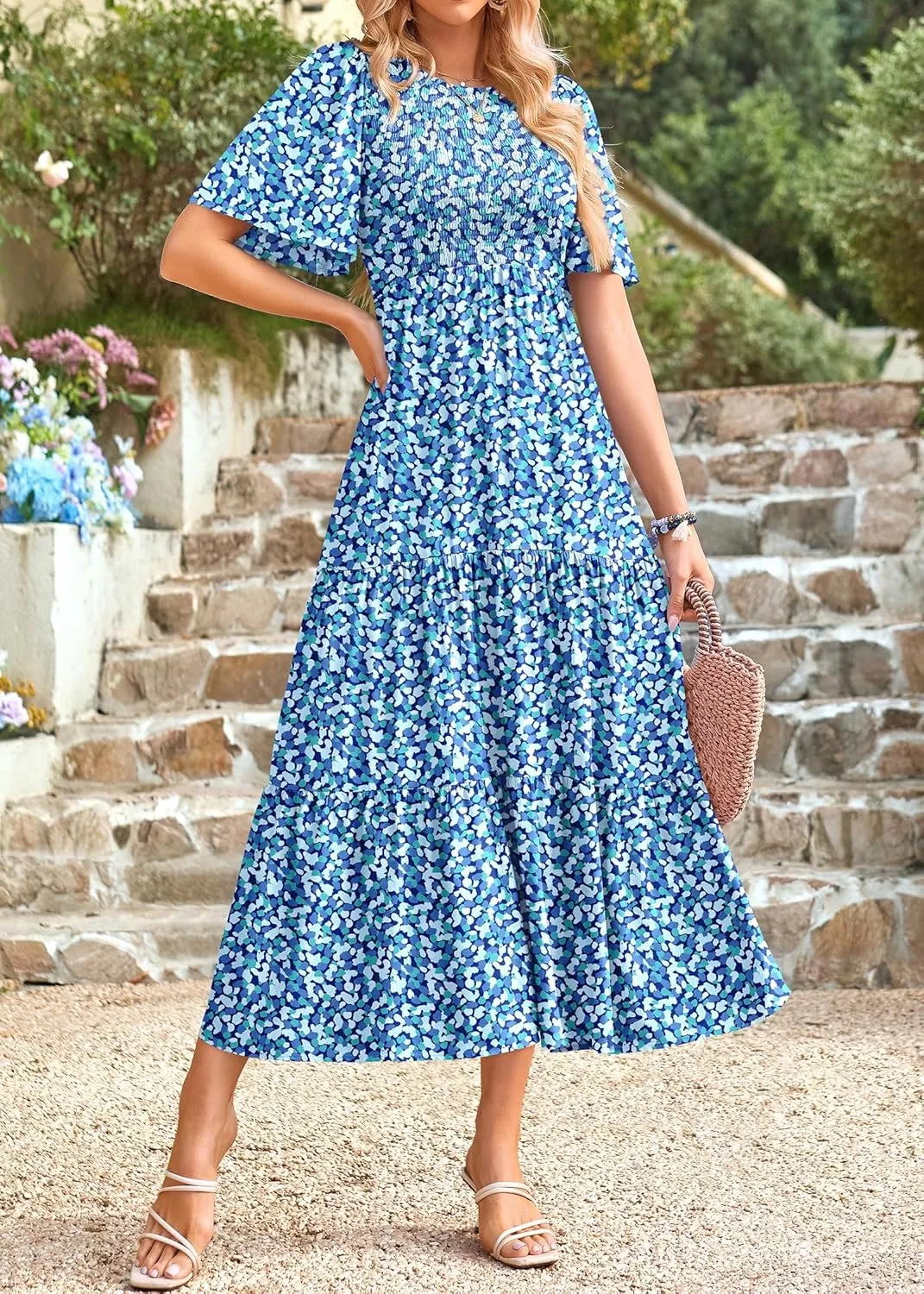 KIRUNDO Womens Fashion 2025 Spring Summer Casual Flutter Short Sleeve Midi Dress Smocked Tiered Aline Going Out Dresses