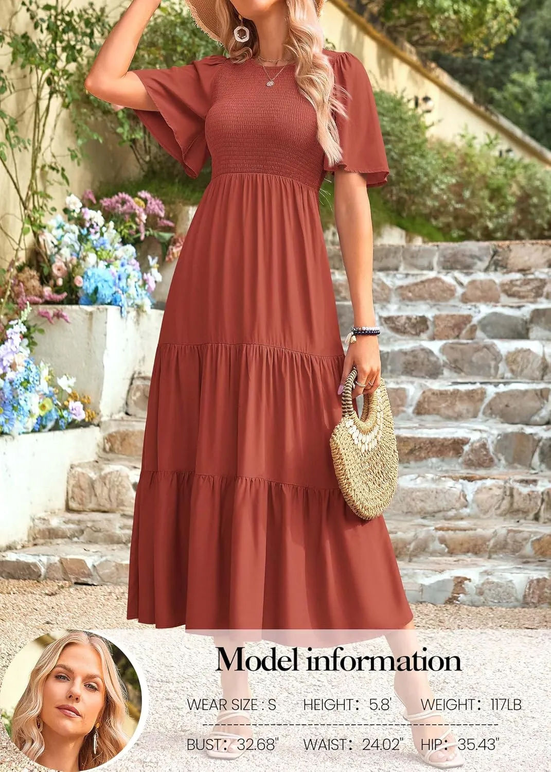 KIRUNDO Womens Fashion 2025 Spring Summer Casual Flutter Short Sleeve Midi Dress Smocked Tiered Aline Going Out Dresses