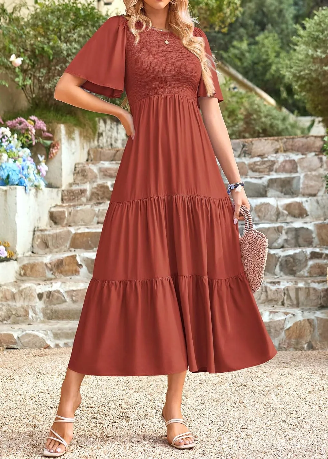 KIRUNDO Womens Fashion 2025 Spring Summer Casual Flutter Short Sleeve Midi Dress Smocked Tiered Aline Going Out Dresses