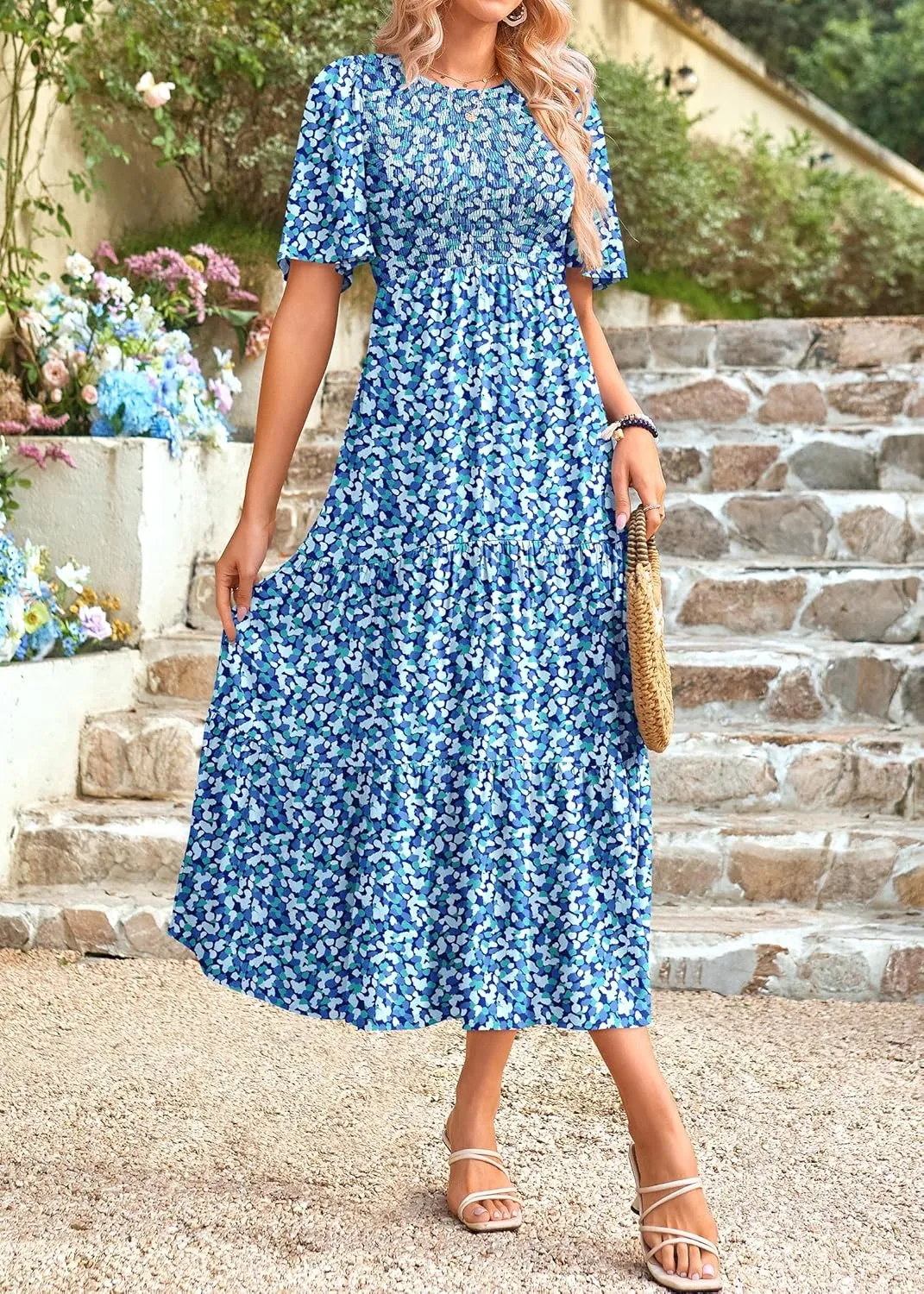 KIRUNDO Womens Fashion 2025 Spring Summer Casual Flutter Short Sleeve Midi Dress Smocked Tiered Aline Going Out Dresses