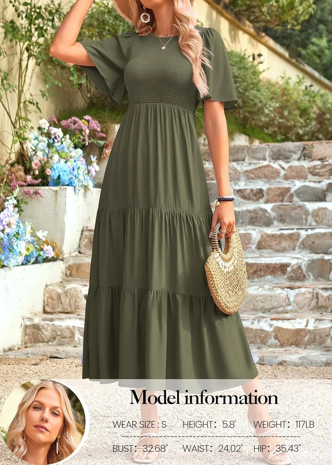 KIRUNDO Womens Fashion 2025 Spring Summer Casual Flutter Short Sleeve Midi Dress Smocked Tiered Aline Going Out Dresses